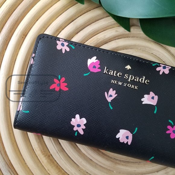 Kate Spade NWT Kate Spa Staci Ditsy Buds Large Slim Bifold Wallet in Black - Picture 7 of 14